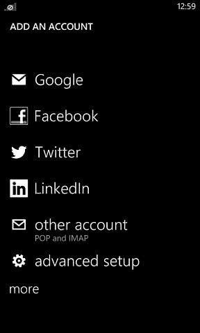 Windows phone add other email account screen