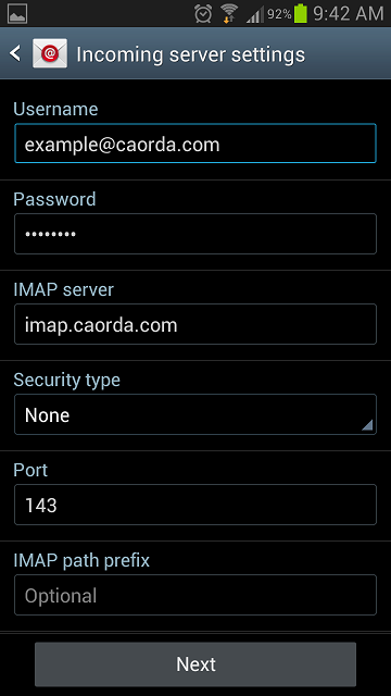 incoming email settings screen on samsung galaxy phone