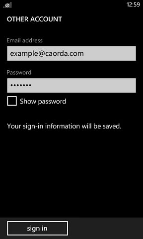 Windows phone email account user and password screen