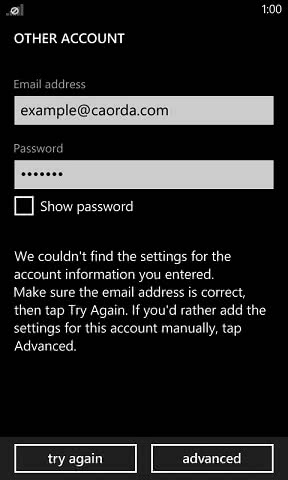 Windows phone email advanced account setup