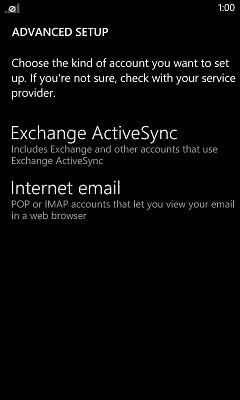 Windows phone internet email setup