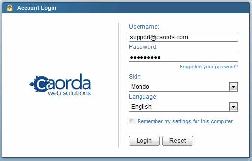 Example Caorda webmail login screen