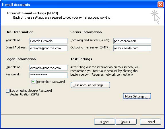 Email account settings in Office Outlook 2003