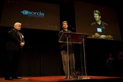 Paul Johnston giving acceptance speech at Viatech awards