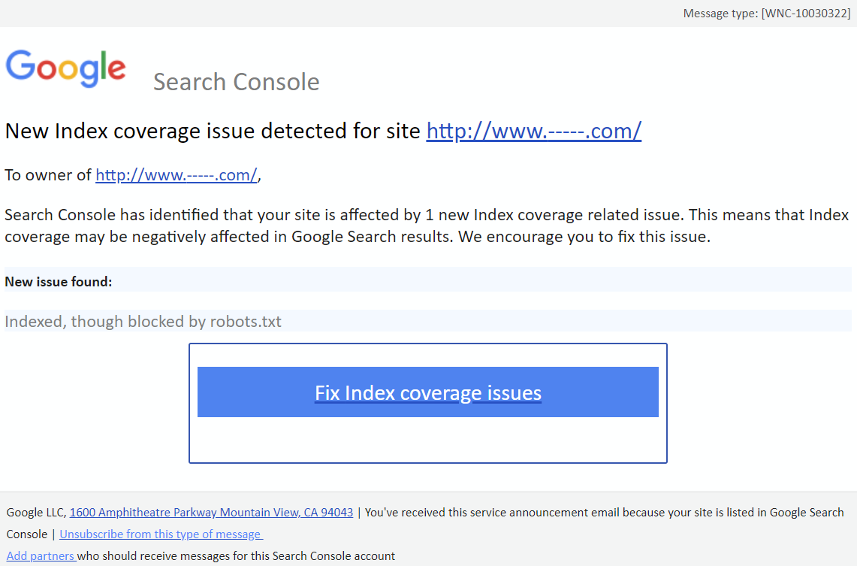 Screenshot example of a Google alert email about a page that is indexed but blocked by robots.txt