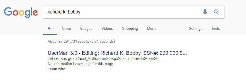 Example screenshot of a search results where a private page blocked by crawlers with robots.txt has been indexed.