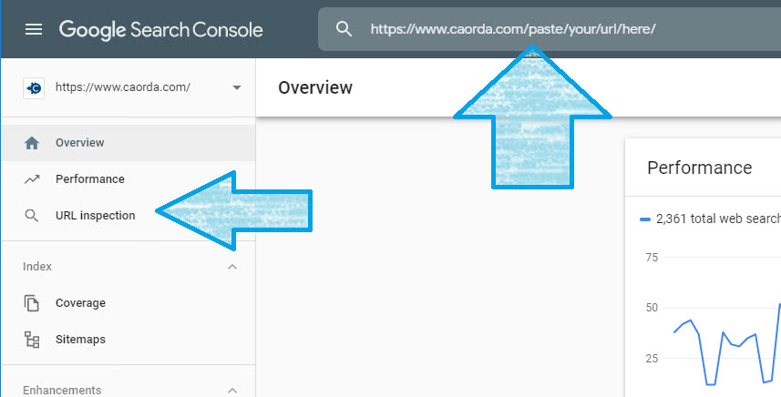 screenshot of google search console showing the url inspection option