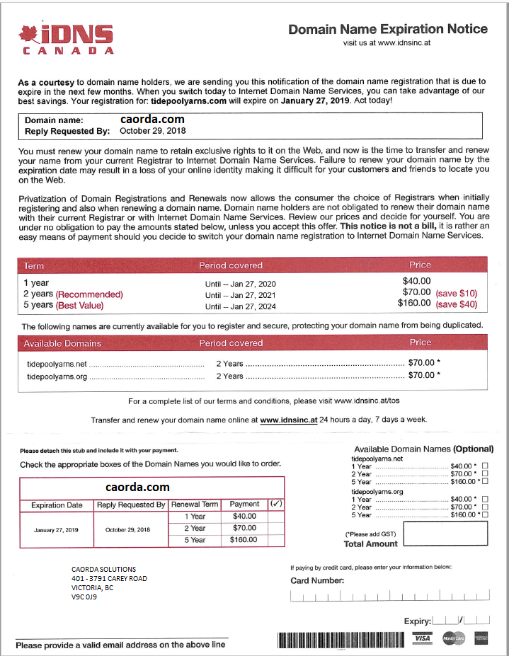 Domain Phishing Scam Alert: iDNS Domain Name Expiration Notice