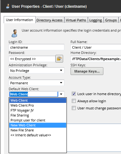 FTP service user preferences screen