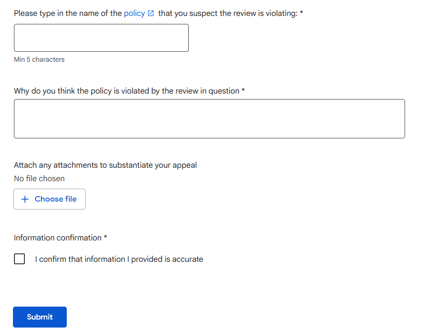 form for submitting an appeal