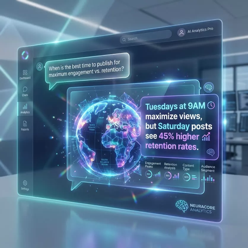 Illustrations of a web interface showing a chat bubble: Why was traffic down on Tuesday? followed by a concise AI response with a mini trend-graph.
