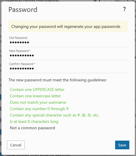 Webmail Password Change Screen