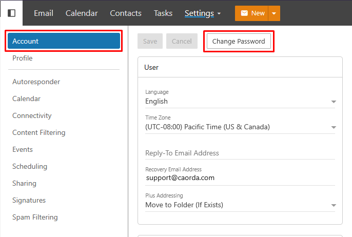 Webmail Settings Account Section